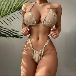 Womens Swimwear Sexy String Triangle Bikinis Suit 2024 Halter Micro Thong Swimsuit Women Solid 2 Piece Bikini Set Bathing Biquinis ggitys L2EC