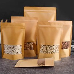 50pcs Zip Lock Food Bags Kraft Paper Window Bag Stand up Gift Dried Fruit Tea packaging Pouches Zipper Self Sealing 240509