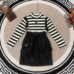 Top Girls Dress suits baby Two piece set Size 100-150 Black and white striped knitted sweaters and short skirts Oct20