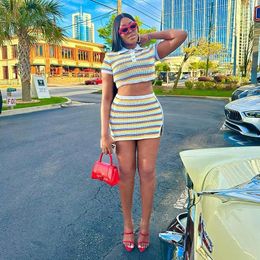 Skirts Two Piece Set Colorful Striped Patchwork Knitted Dress Buttons Polo-neck Short Sleeve Crop Tops Split Casual Mini Suits