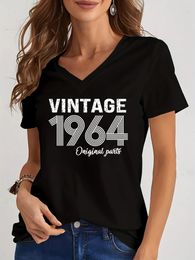 Vintage 1964 Birthday Print Women T Shirt Short Sleeve V Neck Loose Fashion Trend Ladies Y2K Tops Camisetas Mujer 240510