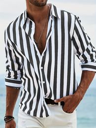 Mens Fashion Loose Striped Pattern Shirt Casual business shirt with double buckle and striped shirt for men