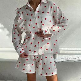 Home Clothing Cross-Border European And American Autumn Fashion Cardigan Comfortable Cotton Pajamas Two-Piece Set Heart Printing White
