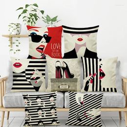 Pillow Fashion Women Girls Red Lips Striped Shoes Pattern Cover Linen Home Sofa Office Car Decoration Gift