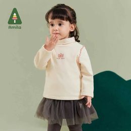풀오버 아밀라 여자 아기 티셔츠 2023 겨울 새로운 멀티 컬러 하이 목 울 부드럽고 귀여운 아기 옷 240502