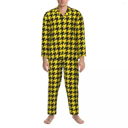 Home Clothing Pajamas Male Houndstooth Check Bedroom Nightwear Cute Yellow Black 2 Piece Loose Pajama Set Long Sleeves Oversize Suit