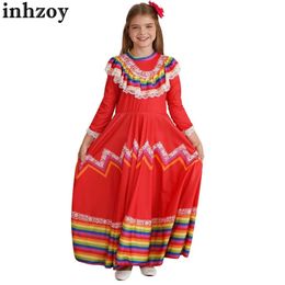 Dancewear Girls Mexican Traditional Dress Carnival Festival Dance Costume Mock Neck Stripes Lace Flouncy Dress with Flower Hair ClipL2405