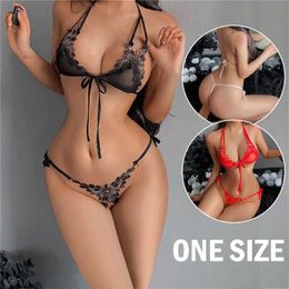 Sexy Set lace three point set womens small chest pure desire lingerie hot and passionate open style pajamas Q240514