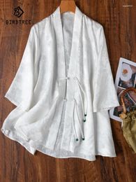 Women's Jackets BirdTree 22MM Real Silk Retro Shirt Women Half Sleeve Jacquard Tassels Chinese Loose Cardigan 2024 Summer C44740QC
