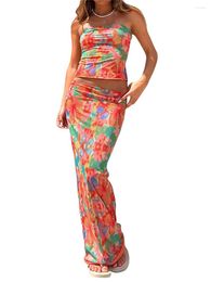 Skirts Women 2 Piece Long Skirt Set Colorful Floral Sleeveless Slim Fit Crop Tube Top Elastic Bodycon