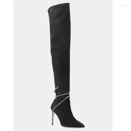 Boots Luxury Design Women Over The Knee Long Black Metal Snake Around Heel Designer Fashion Pointed Toe High Heels Party Shoes
