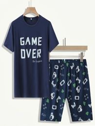 Mens AllSeason Crew Neck Pyjama Set Stylish Alphabet Print Tee Comfy Shorts Durable Casual Wear with Asymmetrical Touch 240428