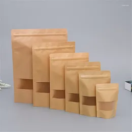 Gift Wrap 50pcs 9x14 10x15 15x22 18x26cm Kraft Paper Matte Window Zipper Bag Brown Reusable Self-sealing Candy Bread Cookie