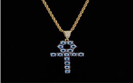 Blue Colour Egyptian Ankh Key of Life Necklace 18K Gold Plated Copper Pendant Cubic Zirconia Hip Hop Jewelry5737187