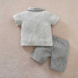 Clothing Sets Newborn Baby Boys Set Casual Fashion Vertical Gentleman Bow Comfortable Cotton Grey Short Sleeve Set Summer Baby Two Piece Set