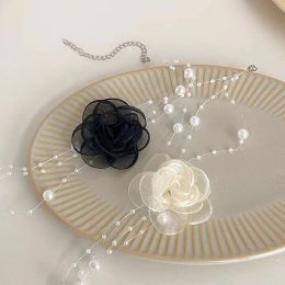 Women French Romantic Black And White Choker Camellia Flower Pearl Necklace Female Camellia Lace Clavicle Chain Choker Necklace