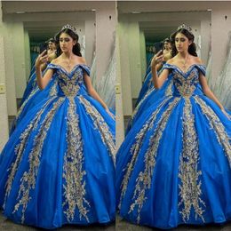 2023 Royal Blue And Gold Quinceanera Dresses Off The Shoulder Floral Applique Beads Pearls Princess Sweet 16 Dress Prom Party 318Q