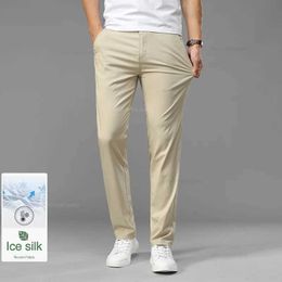 Men's Pants Summer Ultra-thin Mens Ice Silk Casual Pants Soft Comfortable Solid Colour Elastic Business Straight Trousers Brand Biege Khaki Y240514
