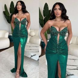 Green Mermaid Evening Dresses Beads Collar Keyhole Party Prom Pleats Split Formal Long Red Carpet Dress For Special Ocn 0515