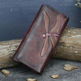Wallets High Quality Genuine Leather Women Clutch Purse ID/ Cash Holder Dragonfly Pattern Retro Cowhide Money Long