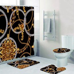 Shower Curtains Luxury Black Gold Baroque Curtain Set Modern Golden Damask Long Bathroom Bath Mats Rugs Accessories Home Decor