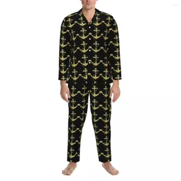 Home Clothing Nautical Pajama Sets Spring Gold Anchor Print Warm Sleep Sleepwear Men 2 Piece Vintage Oversized Pattern Suit Gift