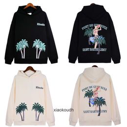 Rhude High end designer Hoodies for mens Autumn and Winter New Coconut Tree Letter Printing Fashion Hoodie Hooded Sweater Men With 1:1 original labels
