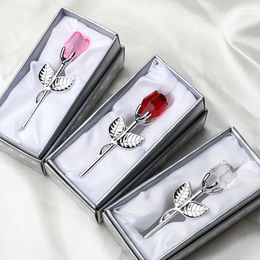 Party Favour Crystal Glass Rose Flower Artificial Silver Gold Rod For Girlfriend Wedding Gifts Guest Mothers Day Gift