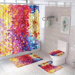 Shower Curtains Colourful Mosaic Curtain Set Modern Geometric Plaid Bathroom Anti-slip Bath Mat Toilet Lid Cover Carpet Rugs Home