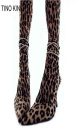 Sandali tino kino sexy strass da donna leopardo sottili tacchi alti da donna pompe per caviglia cinghia femmina estate nuove scarpe da festa 2203029451192