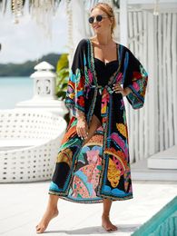Bohemian Printed Belt Kimono Plus Size Batwing Sleeve Dress Summer Autumn 2023 Women Loose Beachwear Swimsuit Cover Up Sarong Q1 240508