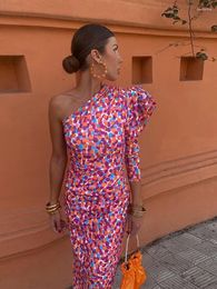 Casual Dresses 2024 Spring Summer Women Print Maxi Dress Elegant Diagonal Shoulder Fashion Puff Sleeve Long Female Party Vestido