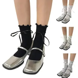 Women Socks Student Solid Colour Middle Tube Ruffle Trim Frilly Japanese Sweet Long Ribbon Bowknot Ankle