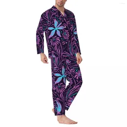 Home Clothing Pyjamas Male Tropical Flower Daily Sleepwear Purple Floral Two Piece Casual Pyjama Sets Long Sleeve Trendy Oversize Suit