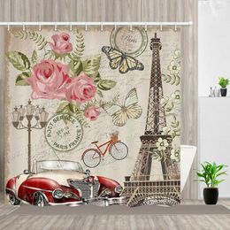 Shower Curtains Vintage Curtain Retro Car Flower Eiffel Tower Bath