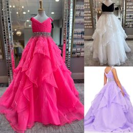 Hot Pink Girl Pageant Dress Teens Ruffle Organza Little Kid Princess Birthday Formal Party Gown Toddler Preteens Young Junior Miss Flower Girl Black White Feather