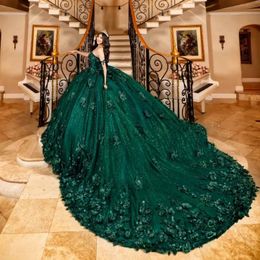 Emerald Green Glitter Quinceanera Dresses 3D Flower Vestidos de 15 Birthday Formal Dress Ball Gown Pearls Junior Girls Party Gown Girls