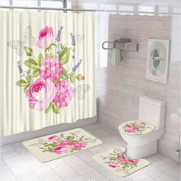 Shower Curtains Pink Rose Flowers Butterfly Curtain Set For Bathroom Decor Plants Green Leaves Lavender Floral Bath Mat Rug Toilet Cover