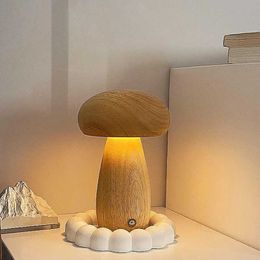 Table Lamps Wooden Mushrooms Night Light Touch Switch Bedroom Bedside Table Lamp Walnut Beech Wood Warm Dimmable Desk Light USB Chargeable