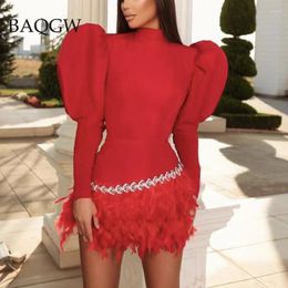 Casual Dresses Feathers Patchwork Designer Elegant Autum Mini For Women Puff Sleeve High Waist Temperament Slmming Party Luxury Dress