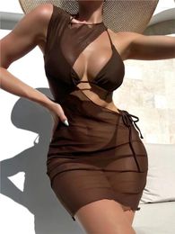 Cover Up Dress Swimsuit Women Bikini Set Strapless Tank Crop Tops And Patchwork Skirt Fashion Mesh Pleated Beach Swimwear