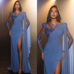 Elegant Blue Sheath Evening Dresses Illusion Crystal Beads Sleeves Party Prom Split Formal Long Red Carpet Dress For Special Ocn 0515