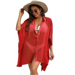 Swimsuit Cover Up For Women Plus Size Bathing Suit Button Shirts Dots Splicing Casual Beach Ups