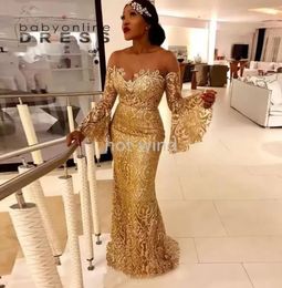 NEW Arabic Gold Evening Dresses Vintage Long Sleeve Lace sparkly Beads Evening Gowns Illusion Neck Mermaid Arabic African Prom Dre1756549