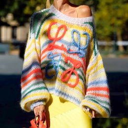 Womens Sweaters Oversized Knitted Rainbow Sweater Women Fashion Stripes Contrast Round Neck Plover Casual Loose Cute Jumper Y2K Top Dr Oto56