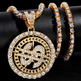 Tennis Hip Hop Mens Spinning Dollar Signature Pendant Necklace Iced Out Sparkling Gold Silver Water Diamond Tennis Chain Necklace Jewellery d240514