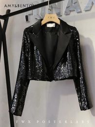 Women's Jackets 2024 Spring Fashion All-Match Slim Coat Women Street Personality Sequined Suit Girl Y2K Temperament Black Jacket