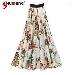 Skirts Chinese Style Satin Midi Skirt Ladies 2024 Spring Sweet Printing High Waisted Large Swing Mid-length For Women