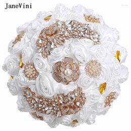 Wedding Flowers JaneVini White Ribbon Stunning Pearls Bridal Bouquets Gold Rhinestone Artificial Roses Fake Bouquet Accessories