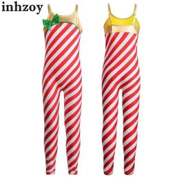 Cosplay Kids Girls Christmas Dance Costume Candy Cane Jumpsuit Sleeveless Striped Ballet Gymnastics Leotard Stage Performance BodysuitL2405